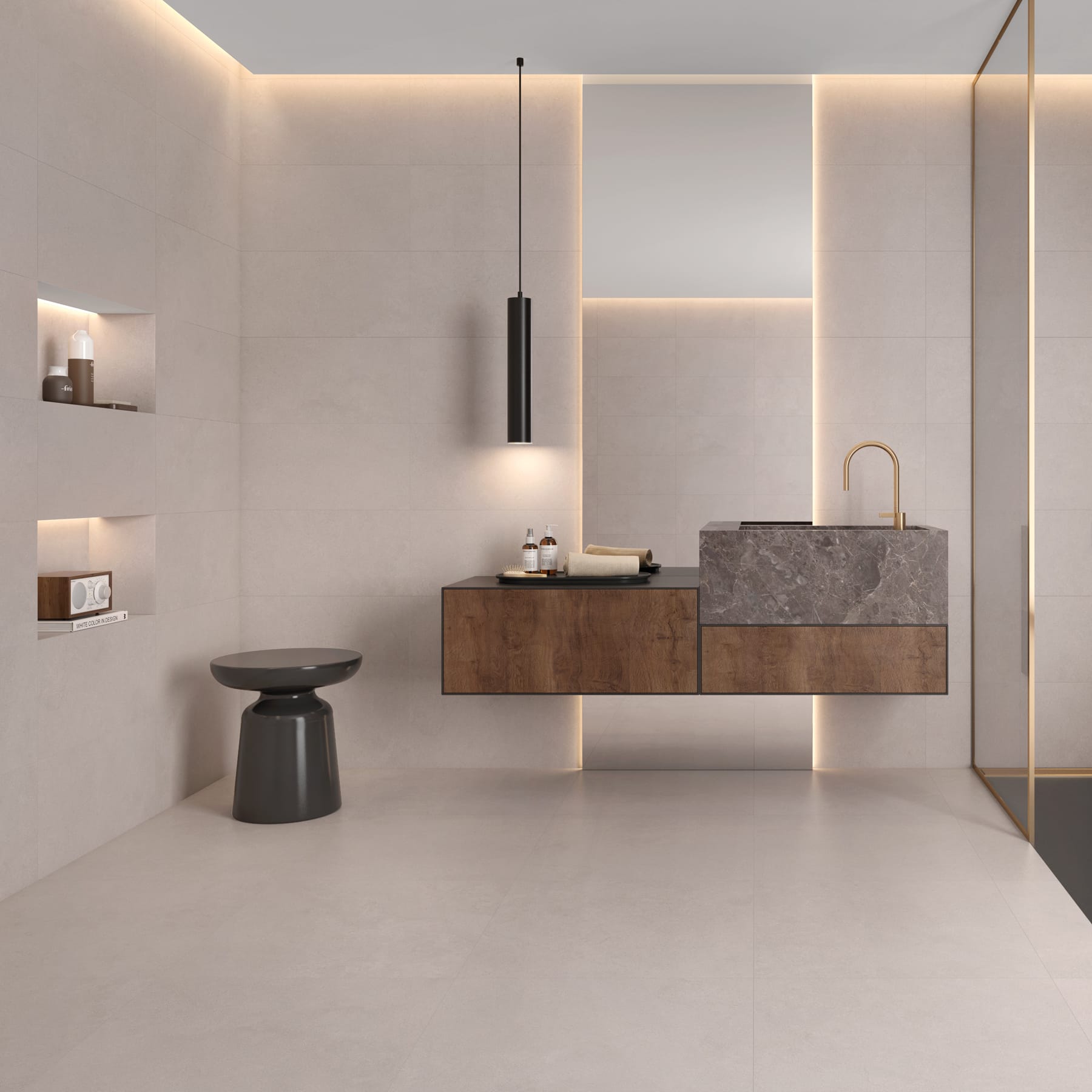 Baño en tonos beige con el mismo acabado en pared y suelo