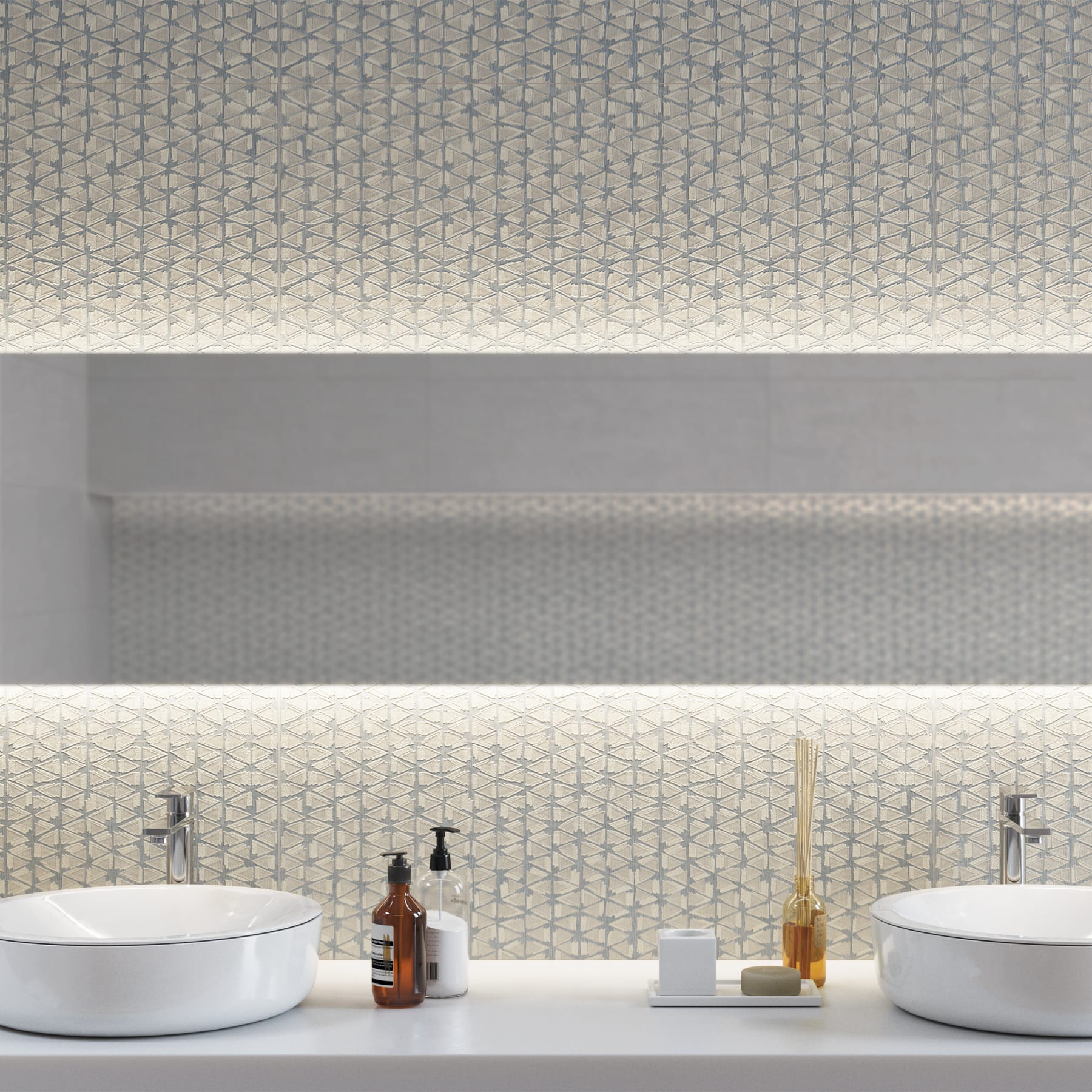 Doble lavabo sobre pared de azulejo texturizado de pequeño formato