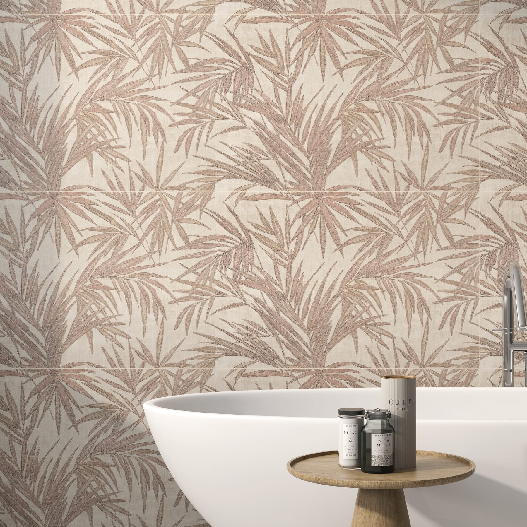 Pared de baño con azulejo de motivo vegetal junto a una bañera