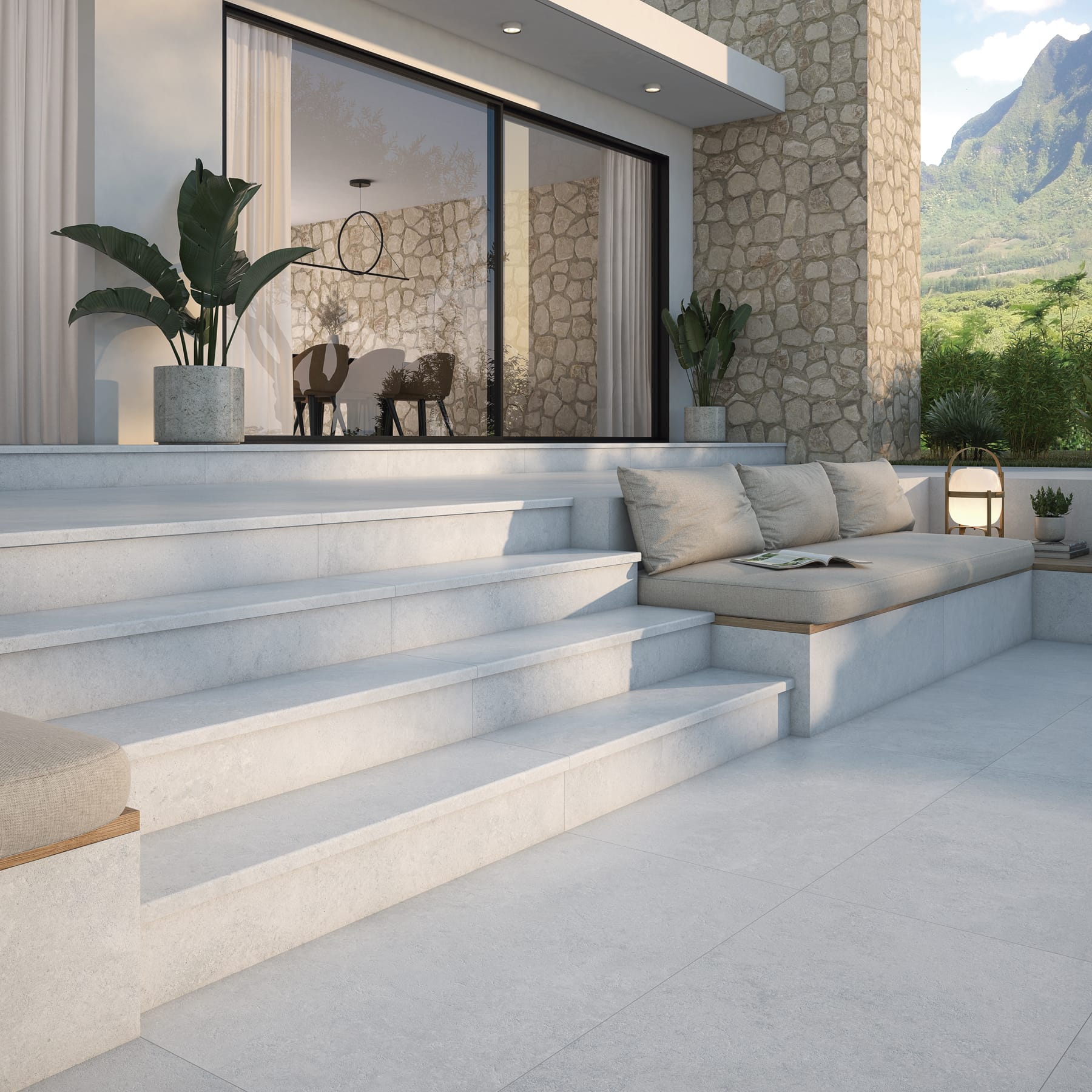 Terraza con peldaños de porcelánico antideslizante Verse Grey