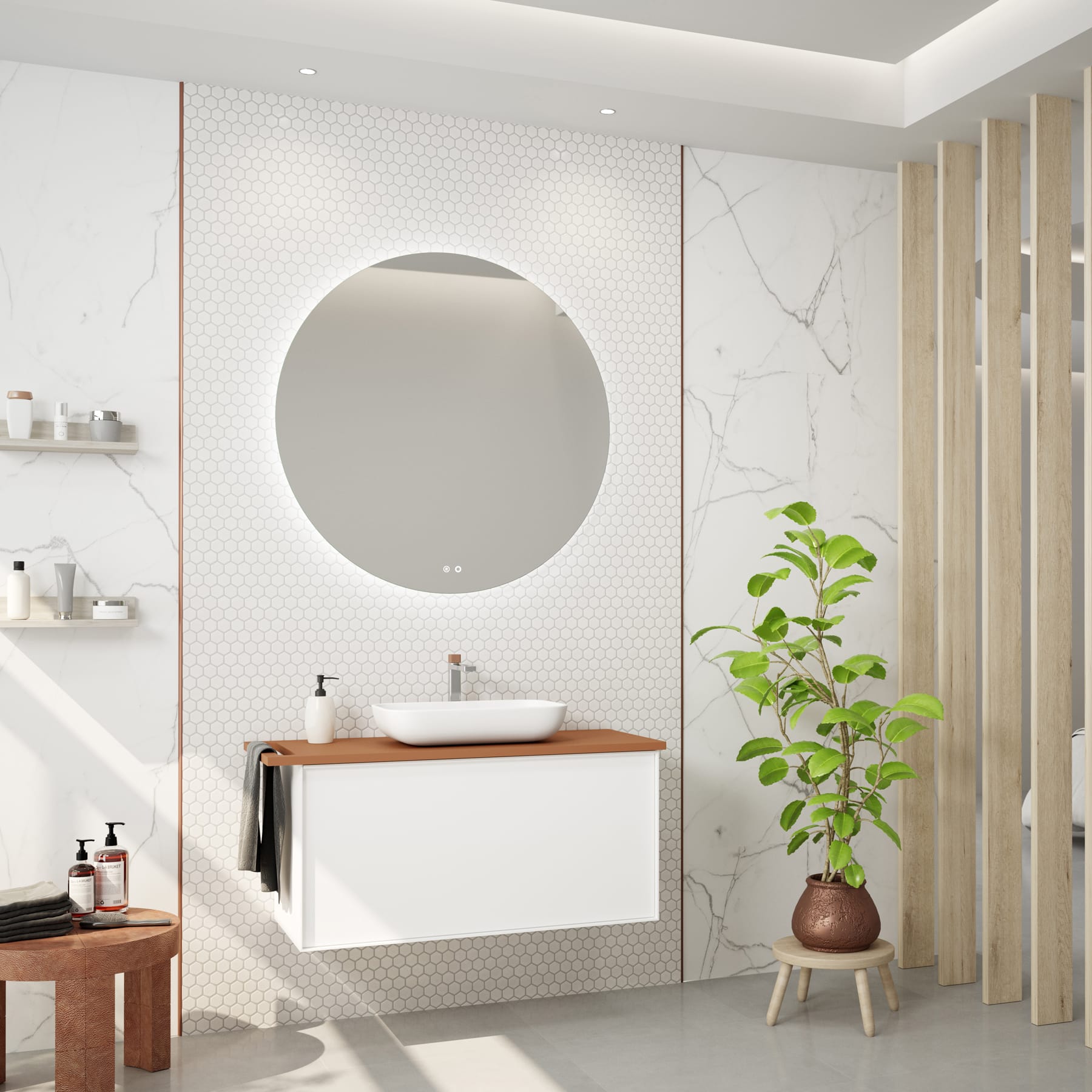 Lavabo cerámico blanco sobre encimera de madera con espejo redondo iluminado