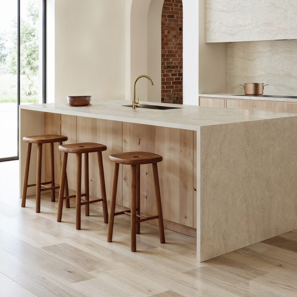 Isla de cocina en piedra clara con grifo dorado y taburetes de madera