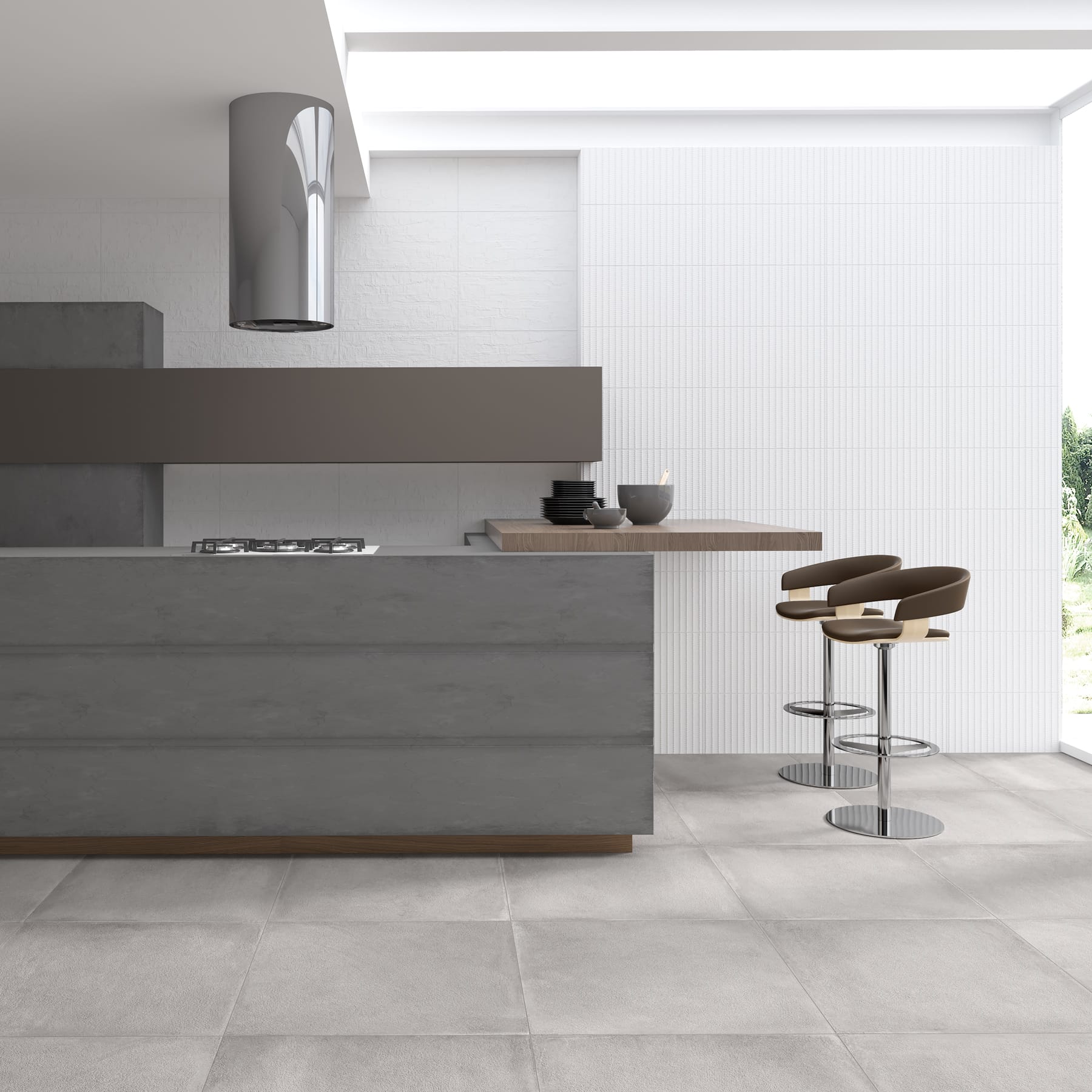 Cocina blanca con barra y revestimiento Essential Cavity White en la pared