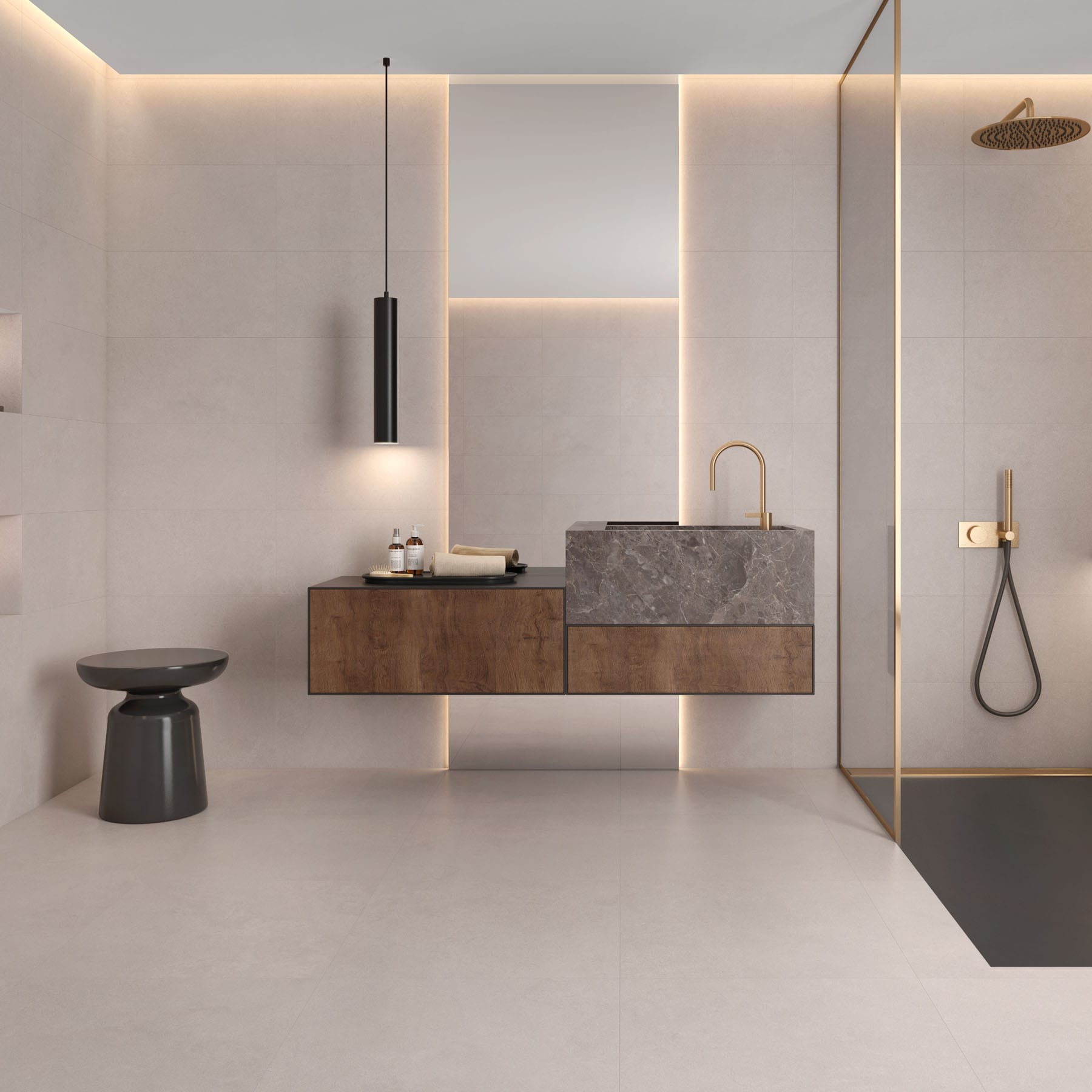 Baño con plato de ducha extraplano oscuro, mueble suspendido y lavabo de piedra